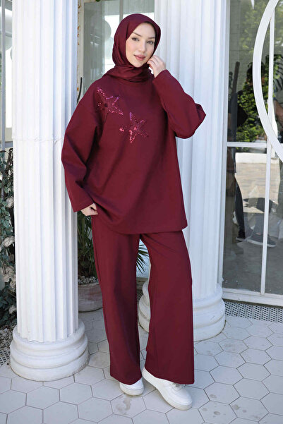 İmajButik Set tunică și pantaloni brodate, culoare burgundy