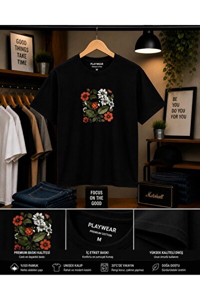 playwear Flower Leaf Chest Printed 100% Cotton Oversize Loose Regular Fit Cre...