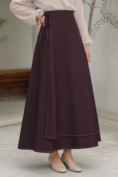 İmajButik تنورة جينز بنية اللون مع أربطة جانبية