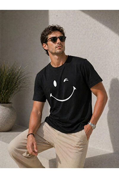LUMİART Men's Minimal Smiling Face Printed T-Shirt Short Sleeve Summer T-Shir...