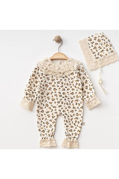 STRAWBABY 0/3-3/6 Ay Dantelli Leopar Desenli Kız Bebek Tulum