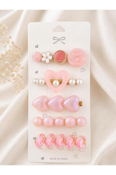 CESS JEWELRY 5 Li Pembe Tonlu Kalp Detay Yan Toka