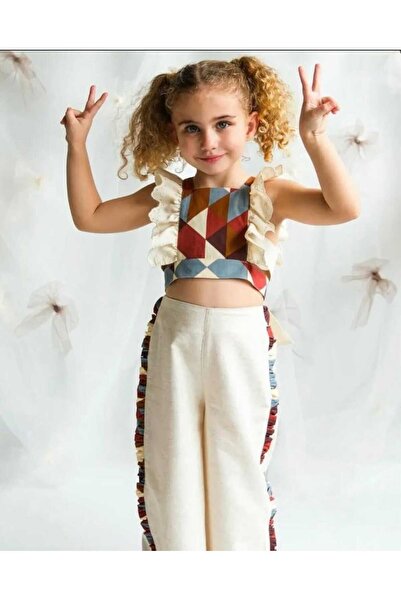 SİELA ÇOCUK Kız Çocuk Etnik Desenli Crop Pantolon Takım