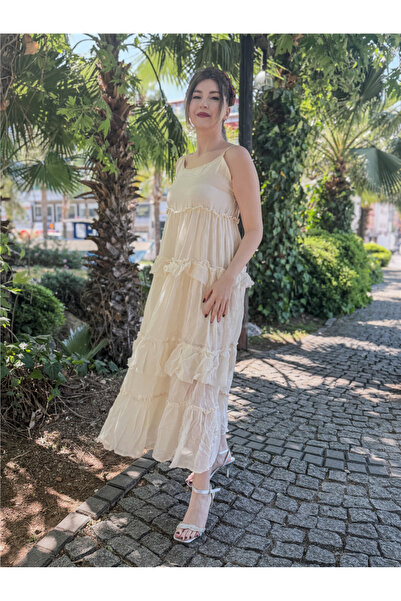 Miss Boheme Ekru Renk Fırfır Detay Volanlı Askılı Ham Pamuk Bohem Elbise