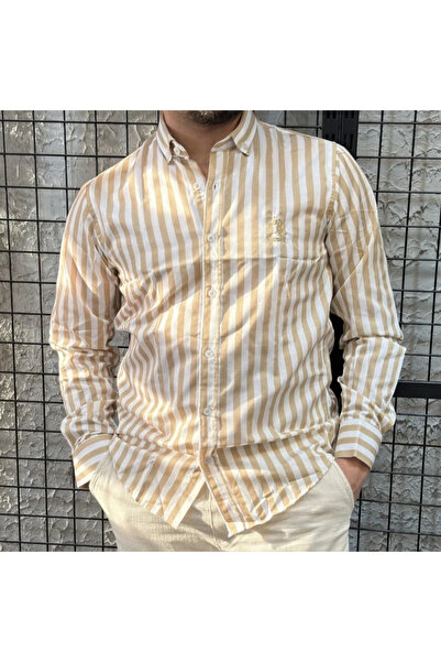 Teoman Wear Oversize Kalın Çizgili Caramel Gömlek