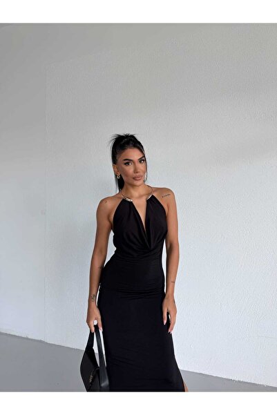 aura fashionn Degaje Yaka Aksesuar Detaylı Midi Boy Elbise