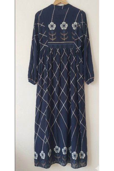 Dagü Design Women's Modest Navy Blue Floral Comfortable Fit Daily Viscose Dress