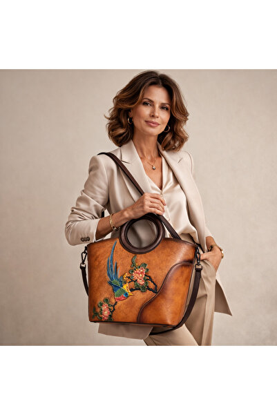 PriStyle Geanta de Dama din Piele Naturala Premium, Design Elegant cu Colibri...
