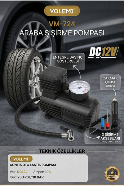 VOLEMİ VM-724 Çok Amaçlı Araç Lastik Şişirme Pompası ve Hava Kompresörü - 12V / 250 PSI