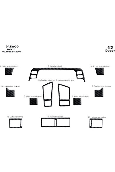 Marscockpitdesign Daewoo Nexia Console-Torpedo Overlay 1995-1997 12 Pieces
