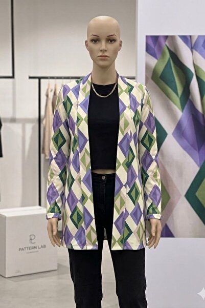 MODA GLORY Kadın Geometrik Desenli Mevsimlik Ceket - Lila & Yeşil Desenli