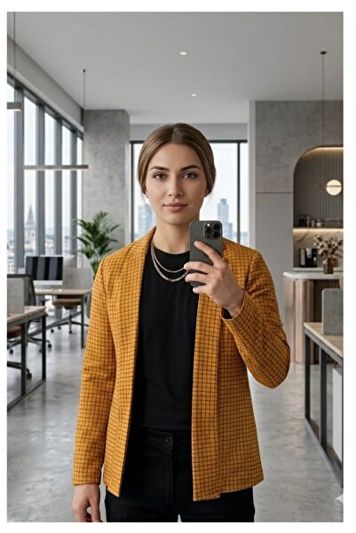 MODA GLORY Kadın Kare Ekose Desenli Cepsiz Ceket