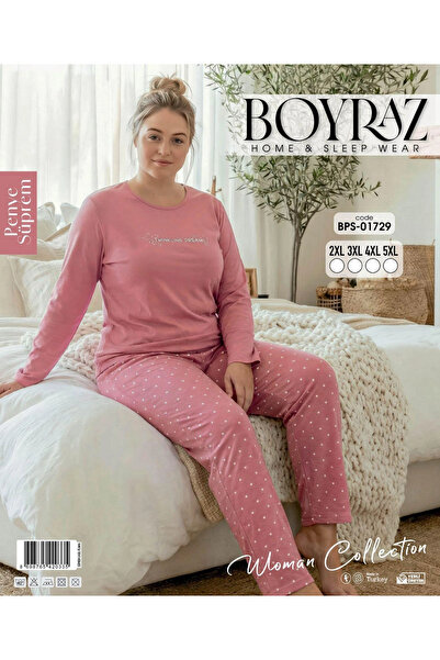 BOYRAZ 01729 BATTAL BOY PENYE SÜPREM UZUN KOL PİJAMA TAKIMI--GÜL KURUSU RENK--
