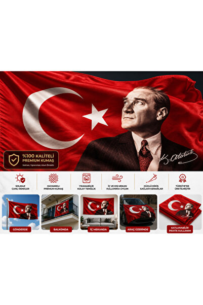 Bayrak Atatürk Baskılı Türk Bayrağı Premium Kumaş Solmaz Renk Balkon Ofis Dış...