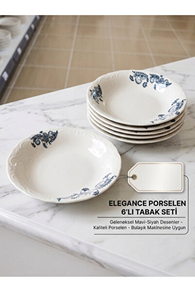 porselen Elegance 19 CM 6'lı Çukur Yemek Tabağı Seti Geleneksel Mavi Desenli ...