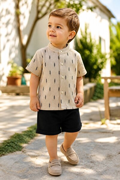 Pure Boutique Set bebe baiat 2 piese camasa crem cu imprimeu si pantaloni scu...