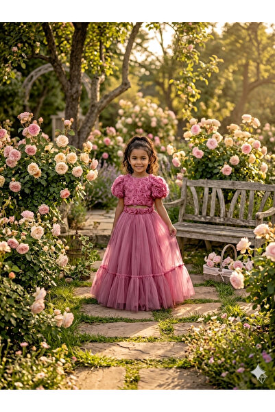PRİNCESS Kız Çoçuk Gül Detaylı Crop Elbise, Kız Çocuk Mezuniyet Elbise