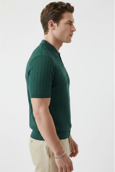 DeepSEA Green Polo Collar Knitwear T-Shirt Comfortable Fit Men's Knitwear T-Shirt 2608108