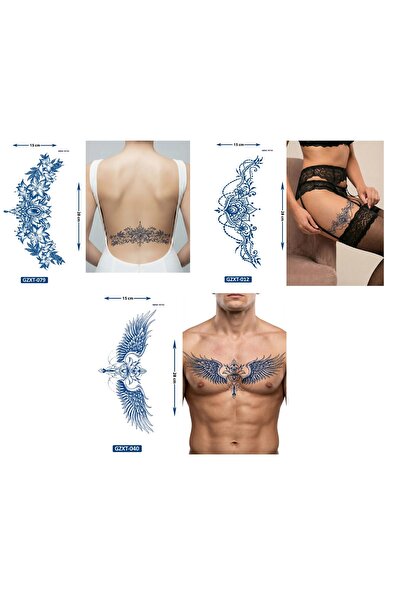Airbrush Tattoo Büyük Boy 3 Adet Birden Yarı Kalıcı Kanat Bel Sırt Dövmesi Ay...