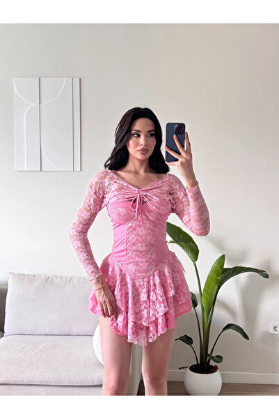 Zoom Butik Dantel Kol Ön Büzgülü Elbise - PEMBE