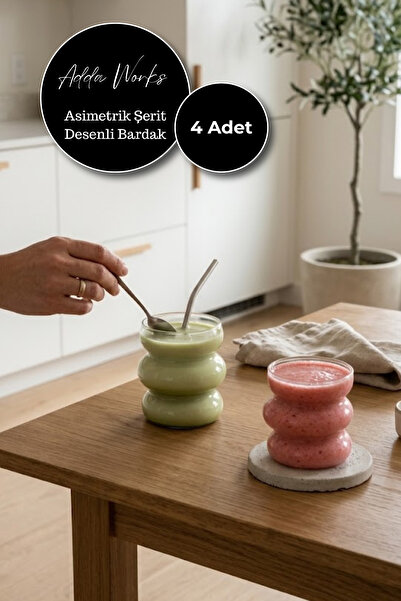 Adda Works 4 Adet Borosilikat Cam Isıya Dayanıklı Asimetrik Şerit Desenli İskandinav Bardak | Kahve, Latte & Kokteyl Sunum Bardağı