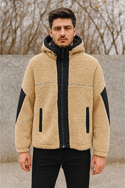 BARAN&SEREN Erkek Bej Teddy Peluş Kapüşonlu Fermuarlı Ceket Oversize