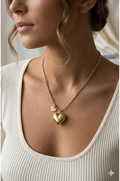 Sİ Stylish Design Silver Color Beaded Gold Color Stainless Heart Necklace