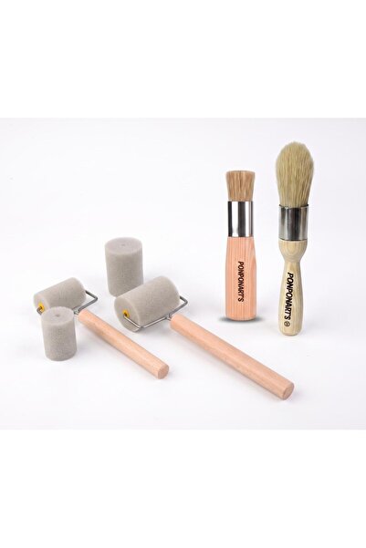 PONPONARTS Düz Uclu Eskitme Wax Fırçası No.6 - Stencıl Fırçası No.4 - Ahşap S...