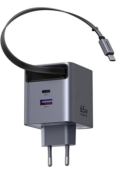 Ugreen 65W Makaralı Dahili Kablolu GaN Hızlı Şarj Cihazı, 2xUSB-C, 1xUSB-A, G...