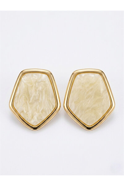 Pelin Aksesuar Cream Color Marbled Patterned Gold Framed Earrings