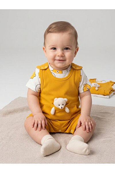 DaphKids Unisex Bebek Yazlık Salopet Tulum Seti – Ayıcıklı 3-6-9 Ay Bebek Tak...