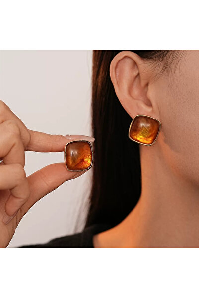Pelin Aksesuar Orange Amber Textured Square Shaped Modern Earrings