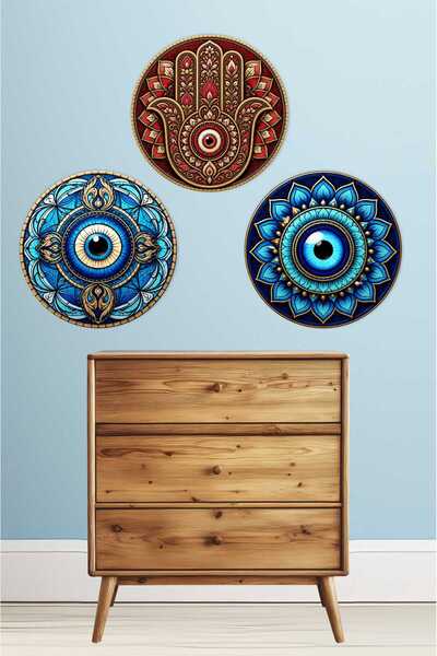 UNT Nazar Boncuklu Hamsa El Motifli 3’lü Yuvarlak MDF Tablo Seti – Boho Duvar...