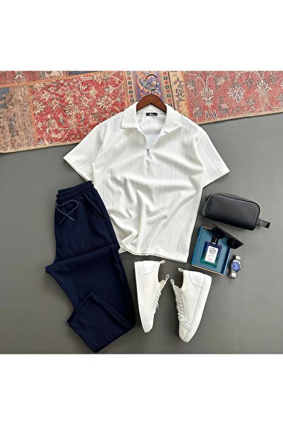 tiggir moda Men's Half Zip Polo Collar T-Shirt and Pants 2-Piece Combination