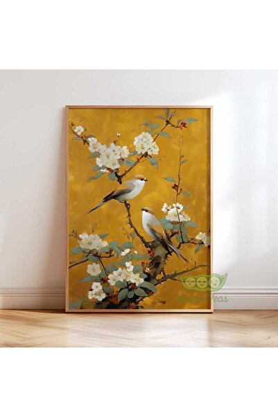 NinaStore Japon Kuş Duvar Sanatı - Altın Oryantal Poster Baskı - Kiraz Çiçeği...