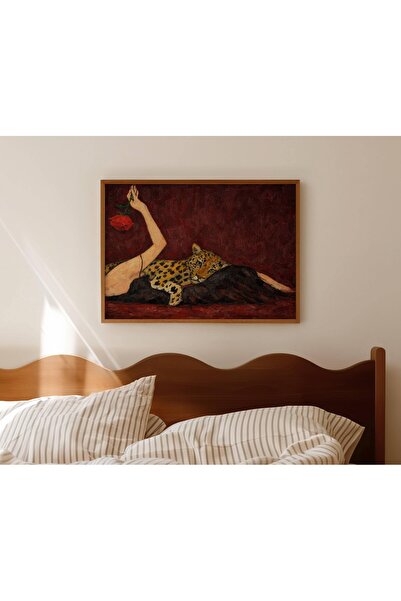 NinaStore Soyut Leoparlı Kadın Yağlı Boya Tablo - Bordo Çita Baskısı - Yatak ...
