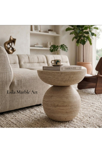 ESİLA MARBLE Doğal Traverten Yan Sehpa - El İşçiliği Küre Tasarım Orta Sehpa