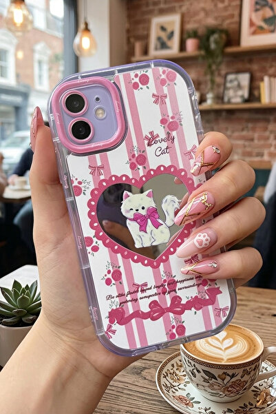 Nezih Case iPhone 11 Uyumlu Premium Pembe Kedi ve Fiyonk Desenli Aynalı Tasar...