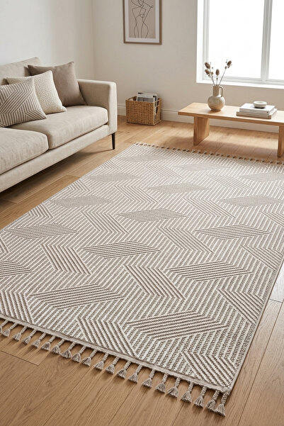 Homz Mumbai 434 Bej Modern Geometrik İskandinav Bukle Halı Kilim Dokuma Taban...