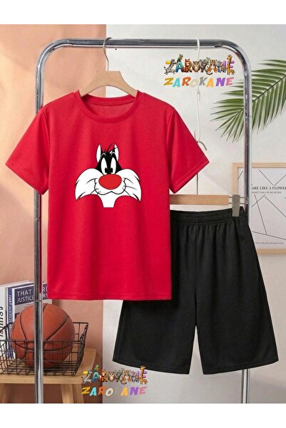 ZAROKANE Red Nose Cat Printed Top and Shorts/T-Shirt Summer Children's Two-Pi...