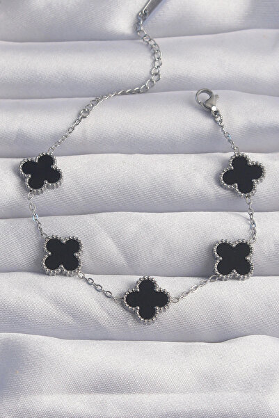 Clariss 316L Steel Silver Color Black Enamel Clover Bracelet