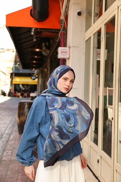 ENRİCO FERRİ Allure Tablo Desen Shawl - Navy Blue