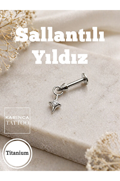 Karınca Piercing Titanyum Vertical Helix Piercing Yıldız Sallantılı Taşlı Con...