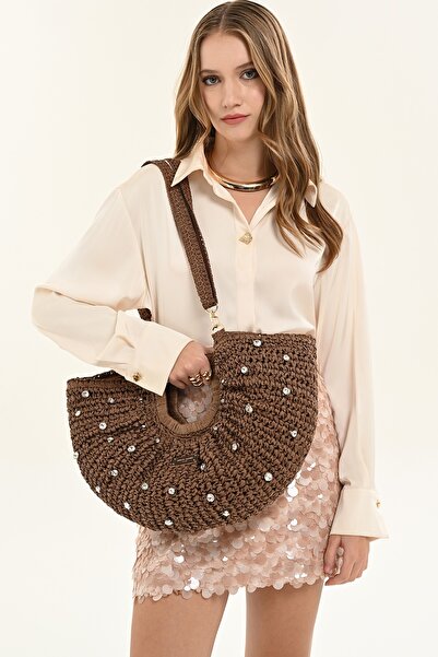 Pierre Cardin Women's Brown Straw Stone Detailed Shoulder Bag with Adjustable...