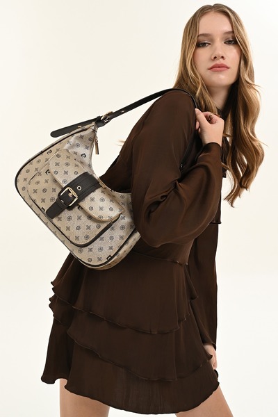 Pierre Cardin Women's Monogram Patterned Gold Shoulder Bag with Buckle and Po...