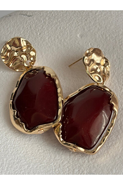 BHR AKSESUAR Burgundy Gold Color Earrings (4 cm)