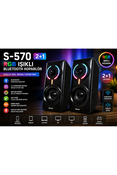 kruxon S-570 2+1 RGB Işıklı Bluetooth Hoparlör | Kablosuz + AUX Destekli | Gü...