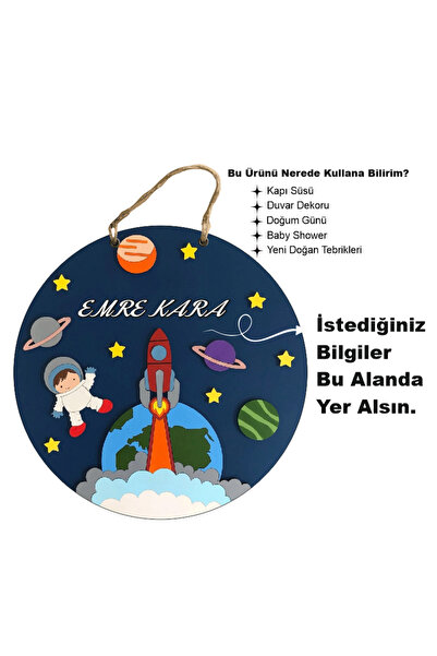 karalar ahşap Kişiye Özel İsimli Bebek Kapı Süsü 30x30 cm
