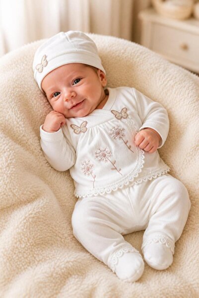 BYS BABY FASHION %100 Pamuklu Kelebek Desenli 5 Parça Yenidoğan Kız Bebek Has...