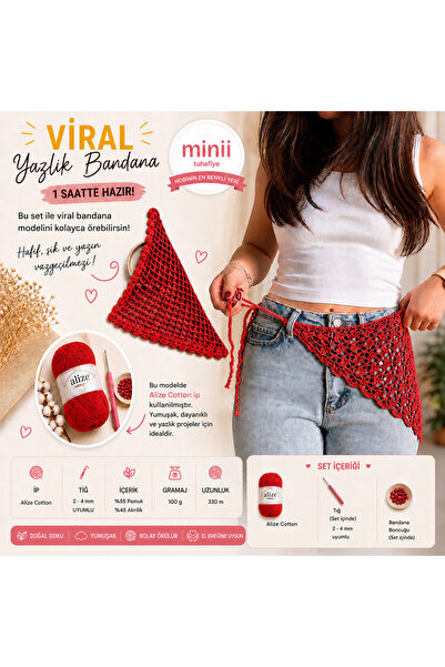 Minii Tuhafiye Örgü Bandana Yapım Seti – Cotton Kırmızı İp, Tığ + Boncuk Dahi...